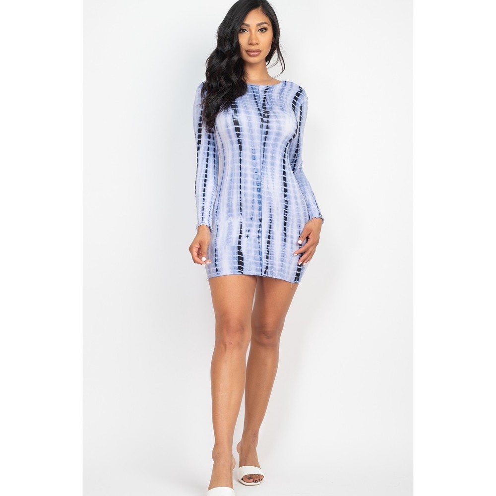 Tie-dye Printed Lettuce Trim Bodycon Dress - Picture 2 of 8